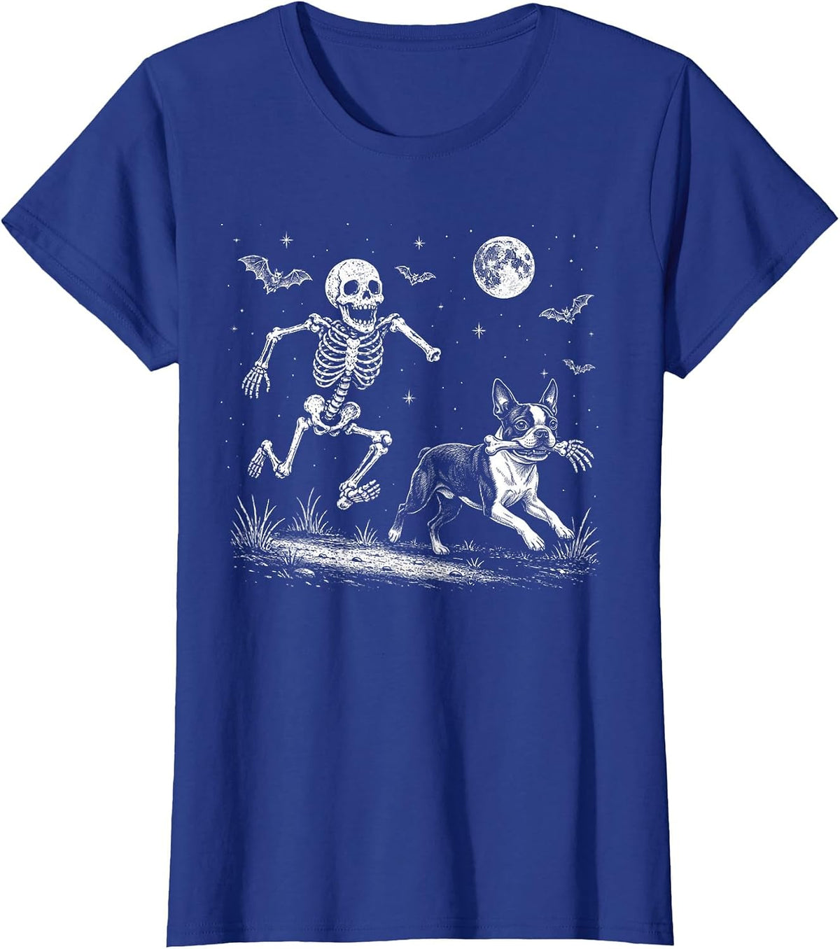 Funny Skeleton Chasing Boston Terrier Halloween Dog Mom Pet T-Shirt - Royal Blue