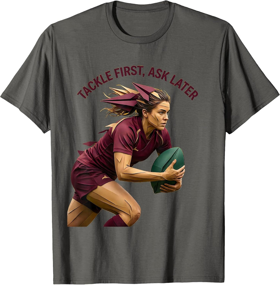 Tackle First Ask Later Bold Rugby Design T-Shirt - Asphalt Grey