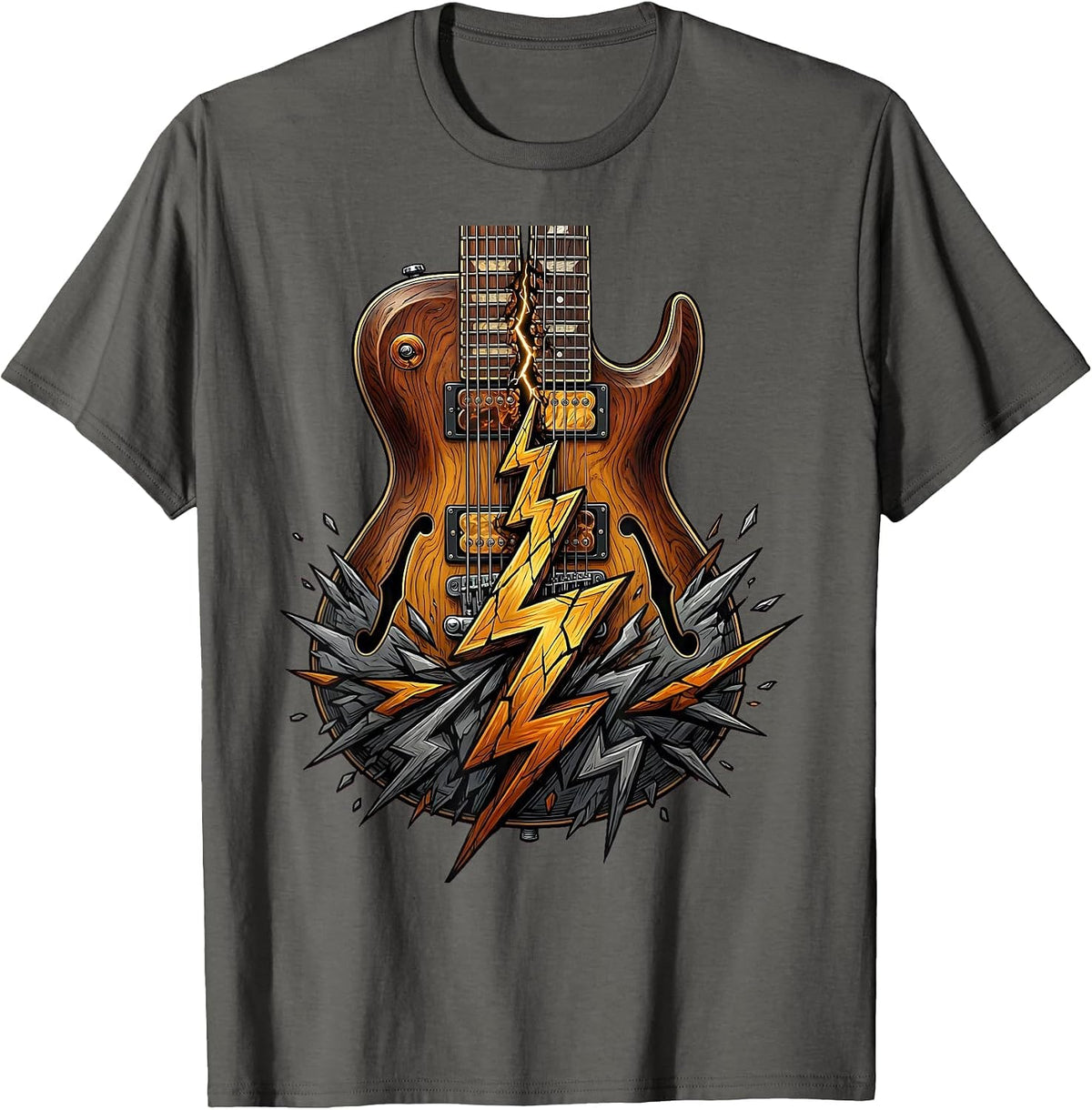 Double-Neck Guitar Lightning Bolt Rock Graphic T-Shirt - Asphalt Grey