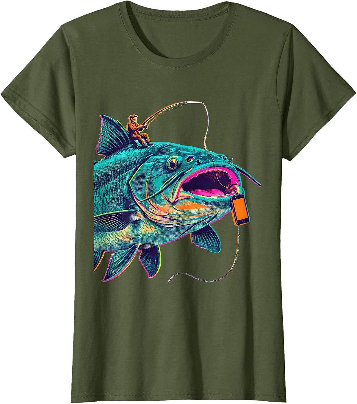 Women's Hooked Catfish Dad Funny Fishing Gift for Dads T-Shirt - Olive Green