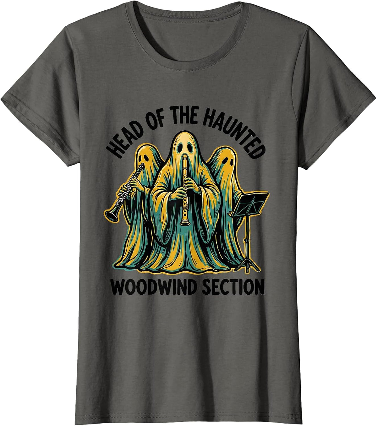 Women's Head of the Haunted Woodwind Section Whimsical Music Teacher T-Shirt - Asphalt Grey
