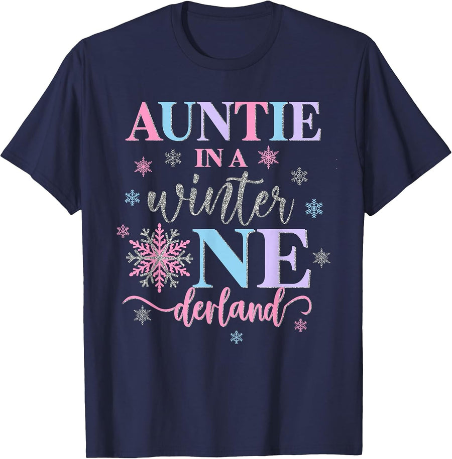 Auntie in a Winter Onederland Birthday Girl Sweet Snowflake T-Shirt - Navy Blue