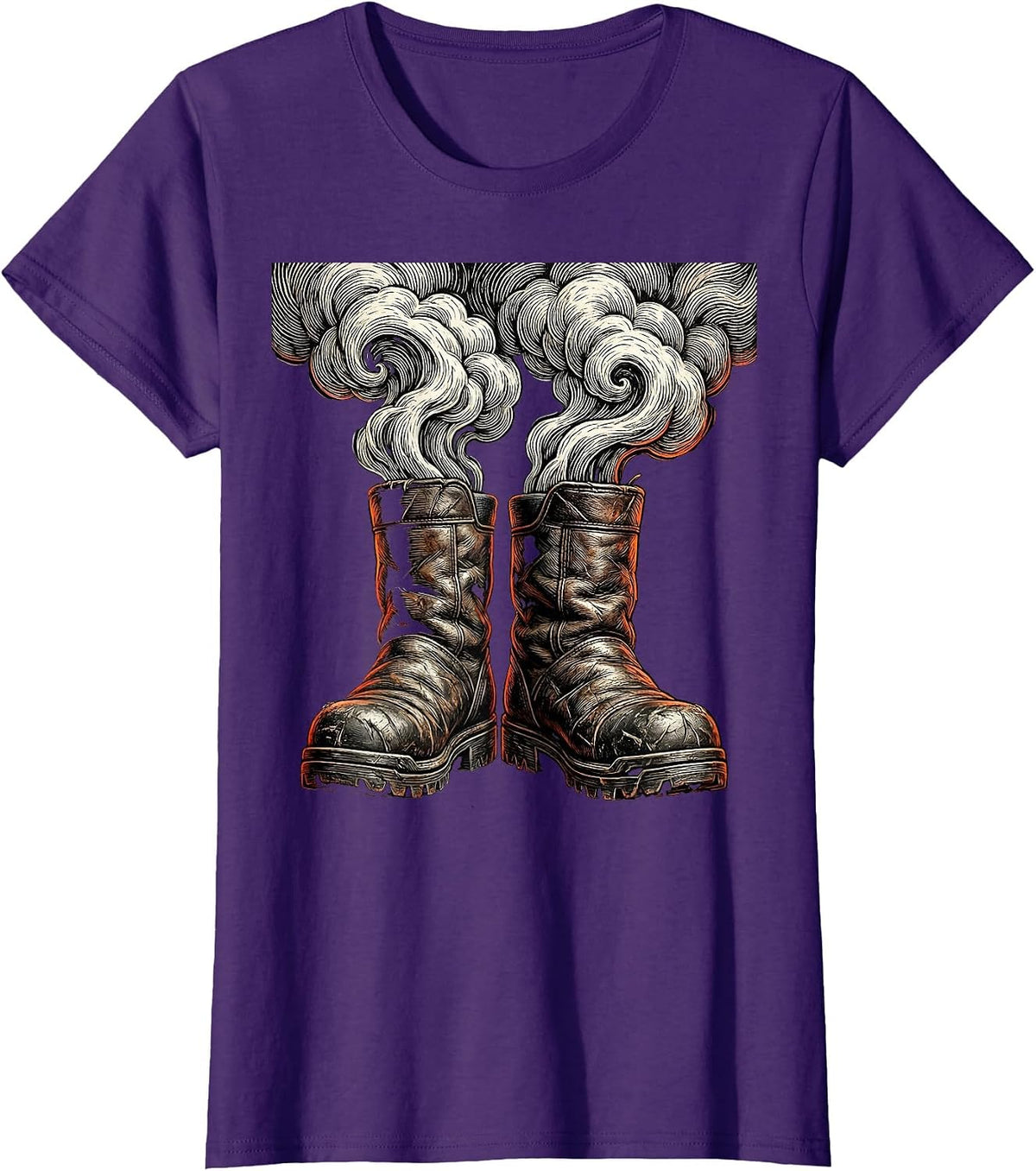 Women's Worn Firefighter Turnout Boots Smoking Graphic T-Shirt - Purple