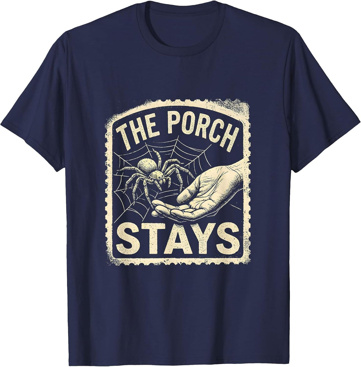 Men's The Porch Stays Rubber Stamp Spooky Halloween Spider Novelty T-Shirt - Navy Blue