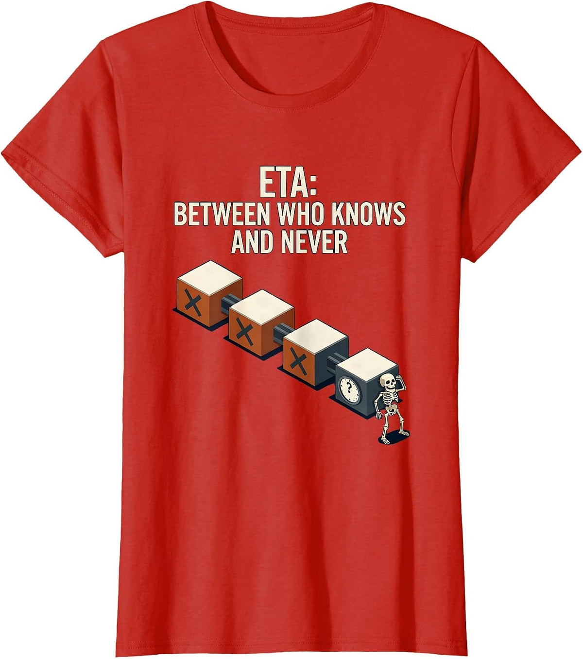 ETA Between Who Knows And Never Funny Mechanic Skeleton T-Shirt - Red
