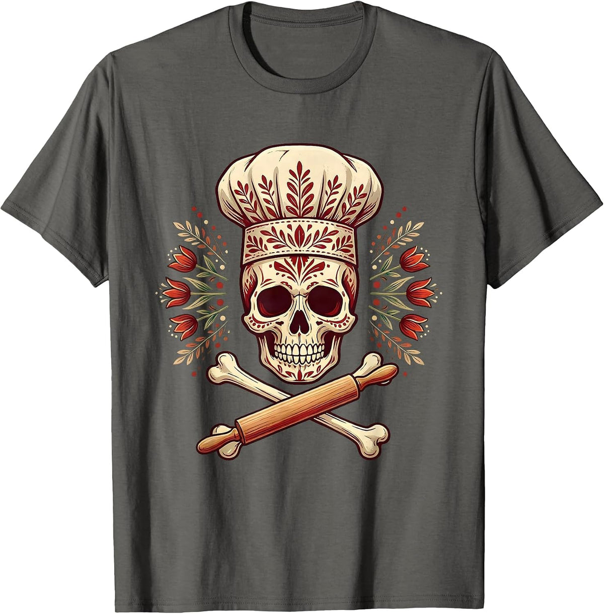Chef Skull Crossbones Dark Culinary Art Design T-Shirt - Asphalt Grey