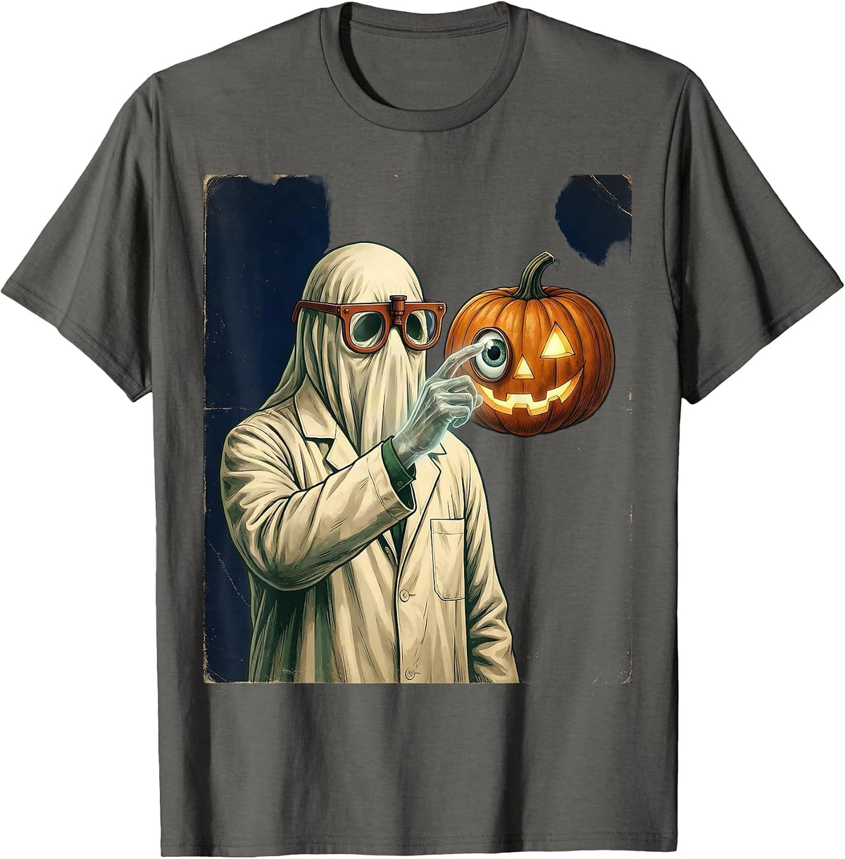 Ghost Optometrist Vintage Halloween Eye Doctor T-Shirt - Asphalt Grey