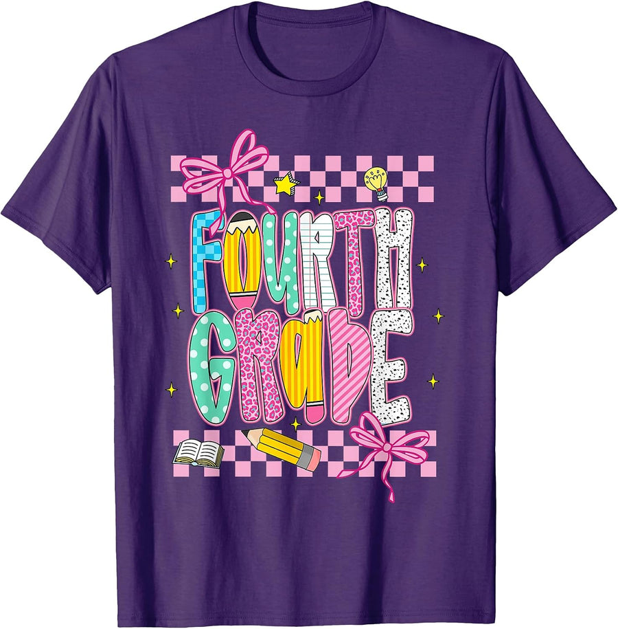 Preppy Fourth Grade Back to School 4th Grade Teachers Girls T-Shirt, Men, Black, Small - As Pictured
