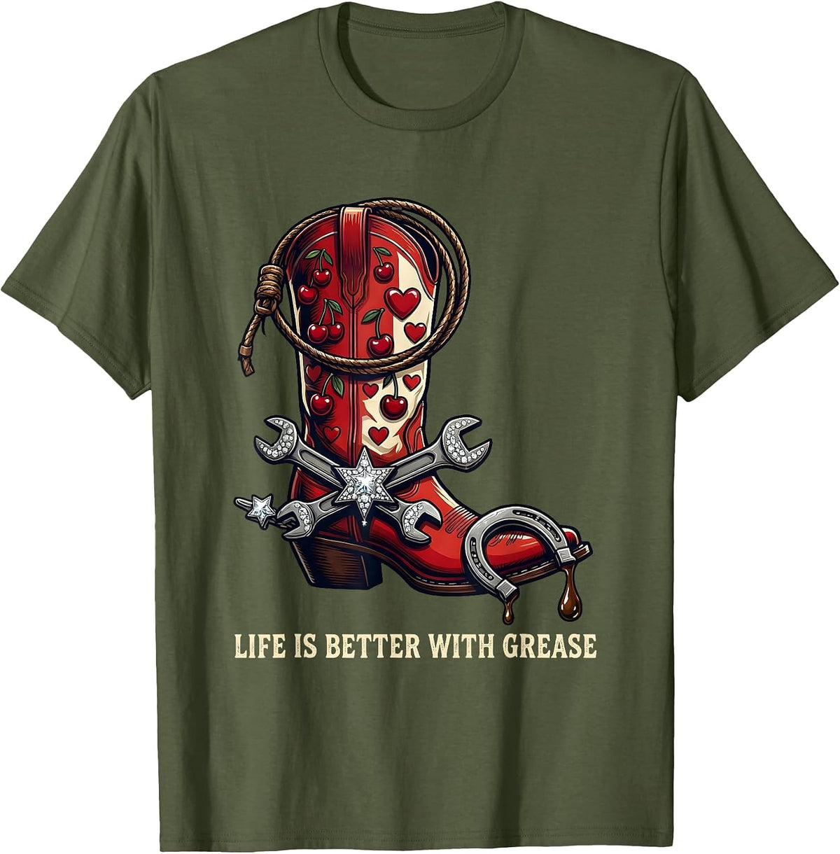 Men's Life Is Better With Grease Mechanic Design T-Shirt - Olive Green