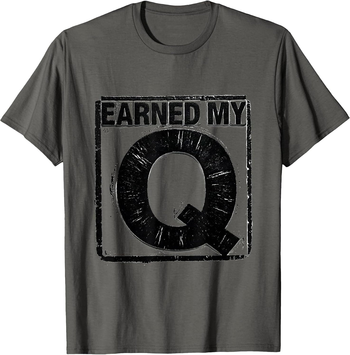 Men's Earned My Q Varsity Initial Monogram Alphabet Rubber Stamp T-Shirt - Asphalt Grey