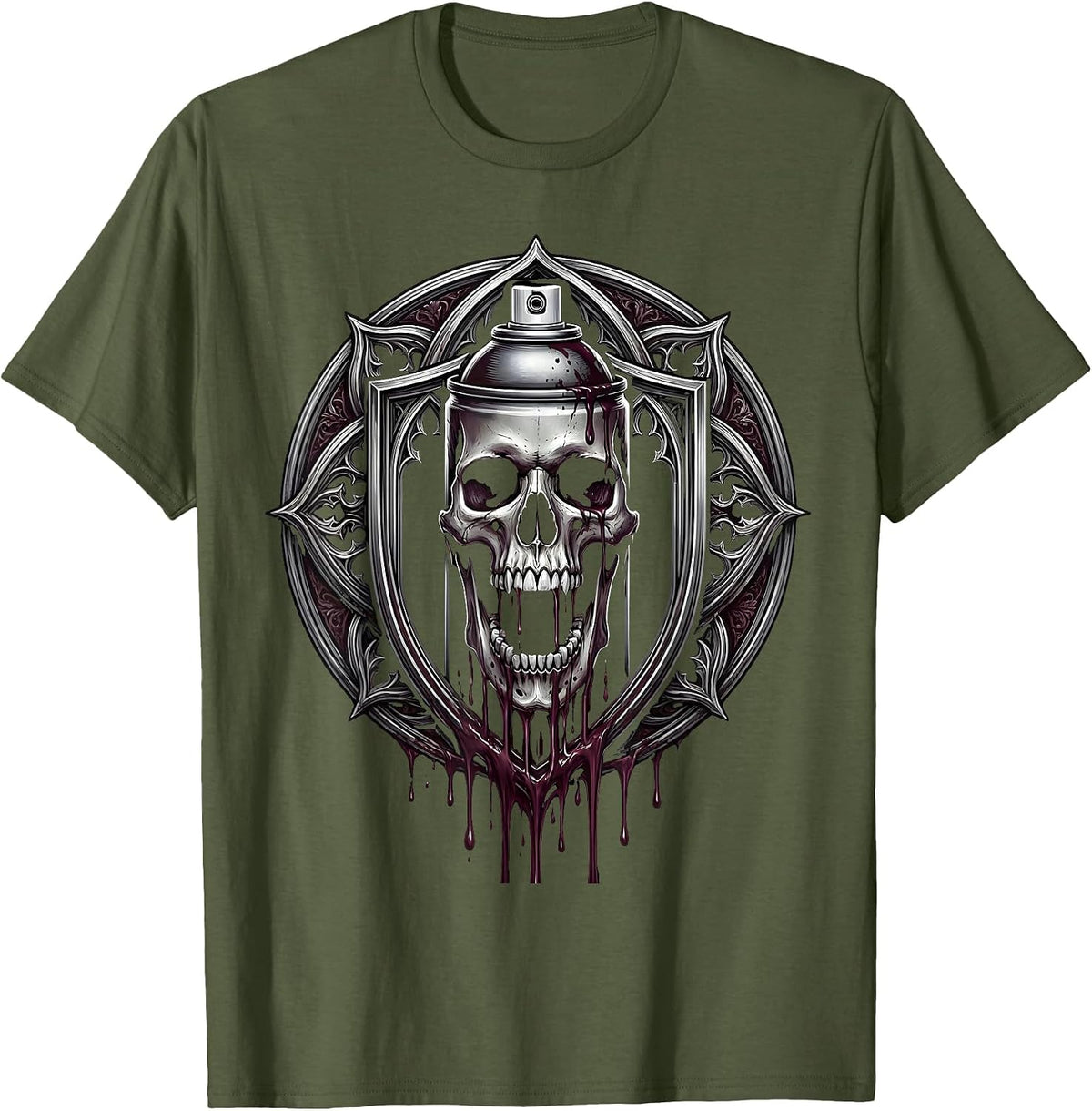 Grunge Spray Paint Skull Drip Art Design T-Shirt - Olive Green
