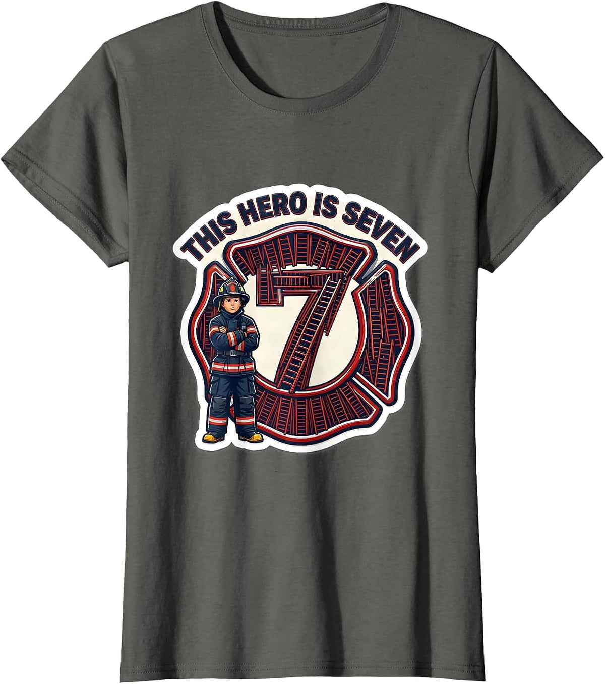 Women's This Hero Is Seven Cute Fire Truck Toddler Firefighter T-Shirt - Asphalt Grey