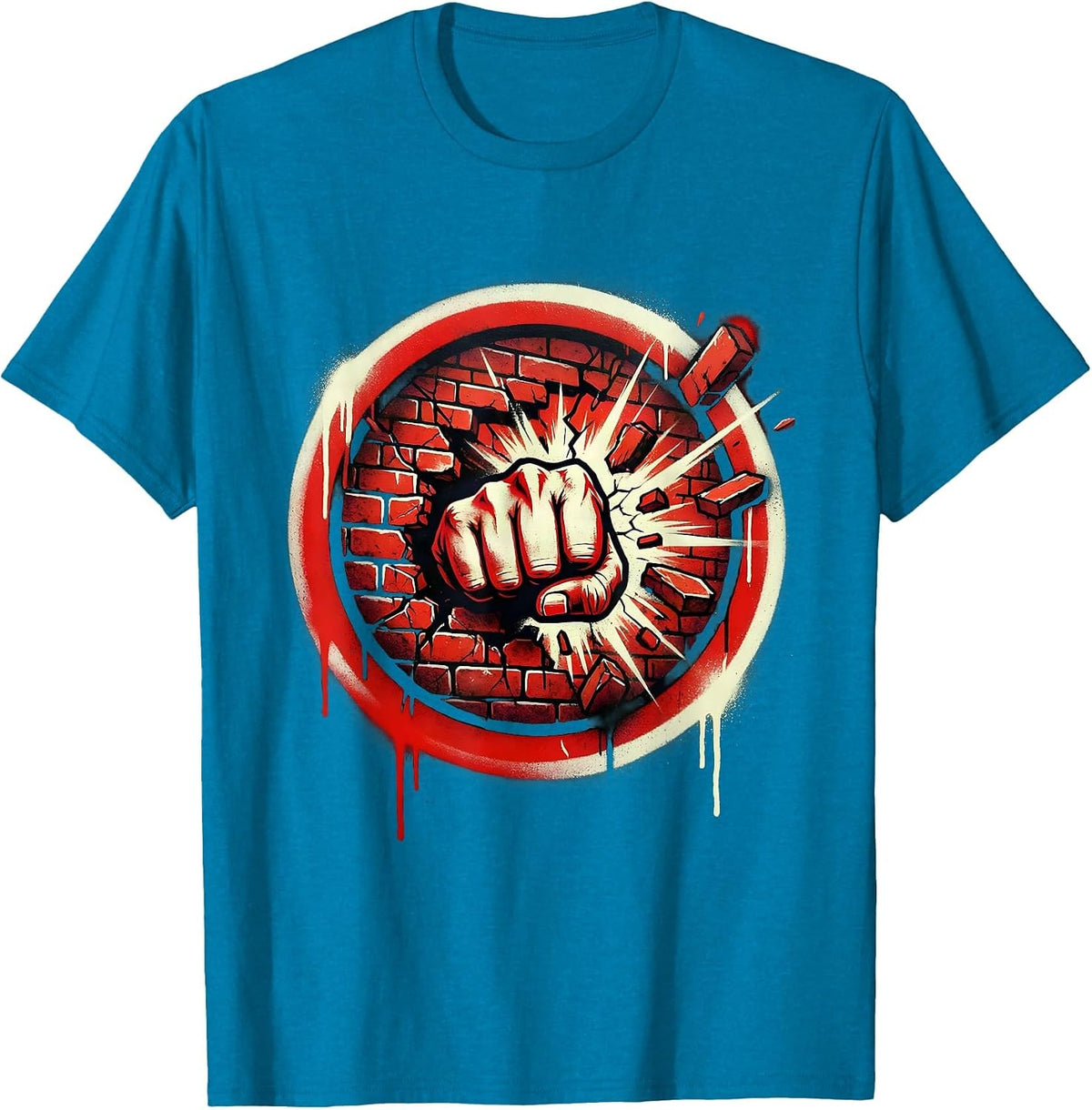 Punk Rock Fist Through Brick Wall Graphic T-Shirt - Sapphire Blue