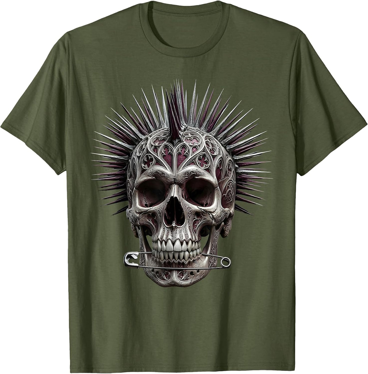 Punk Mohawk Skull Safety Pin Earring Design T-Shirt - Olive Green