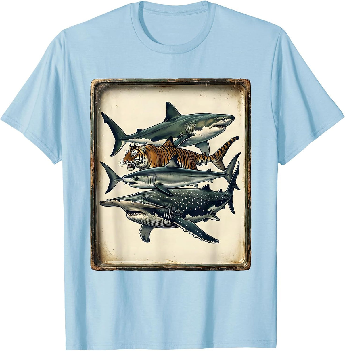 Men's Five Shark Species Vintage Ocean Wildlife Humor T-Shirt - Baby Blue