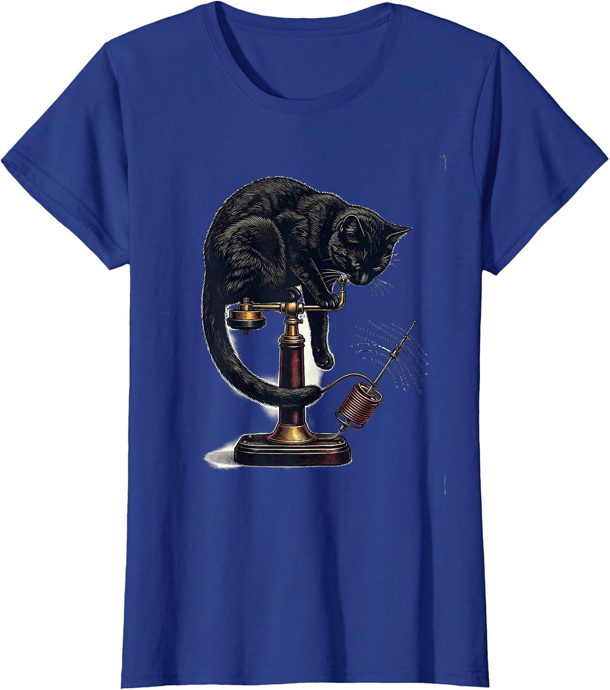 Women's Curled Cat on Telegraph Key Vintage Ham Radio Humor T-Shirt - Royal Blue