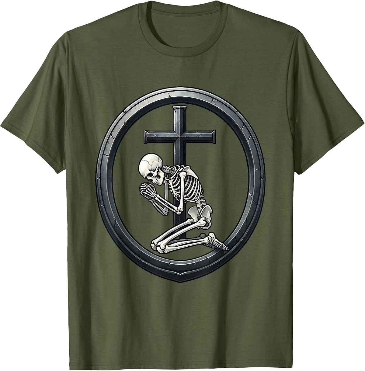 Men's Skeleton Kneeling Before Iron Cross Gothic Art T-Shirt - Olive Green