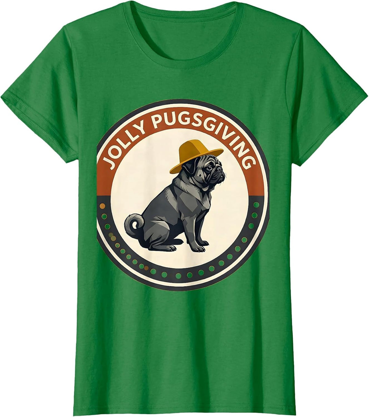 Women's Jolly Pugsgiving Midcentury Modern Pug Lover Thanksgiving T-Shirt - Kelly Green