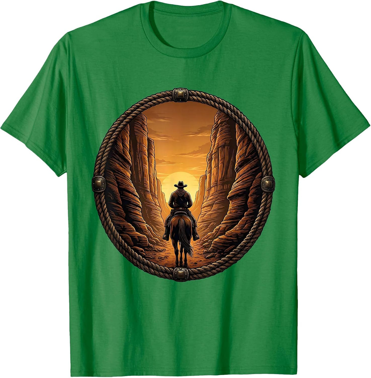 Men's Cowboy Riding Through Canyon Tunnel Western Art T-Shirt - Kelly Green