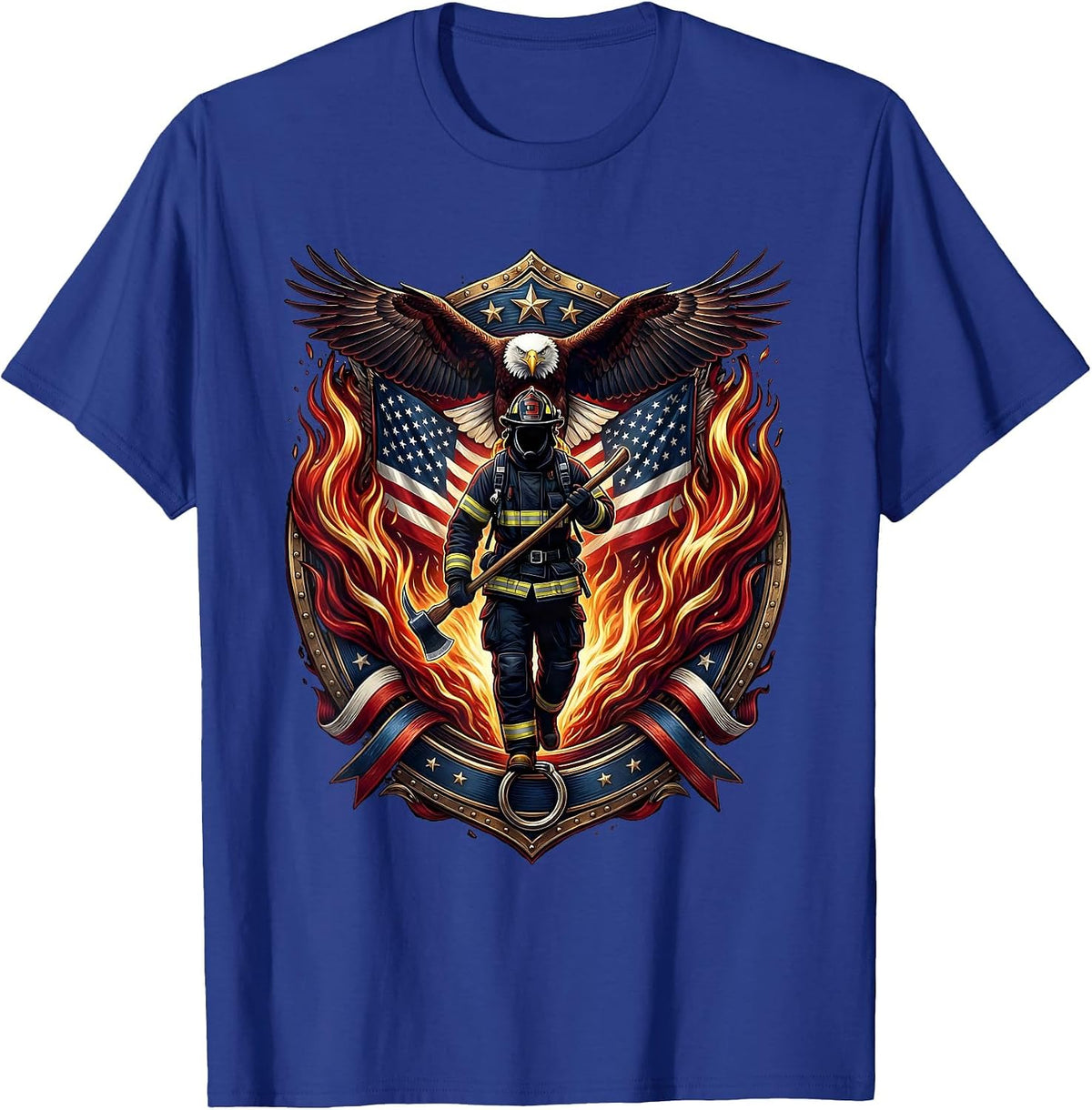 Men's Firefighter Silhouette Walking Through Flames T-Shirt - Royal Blue