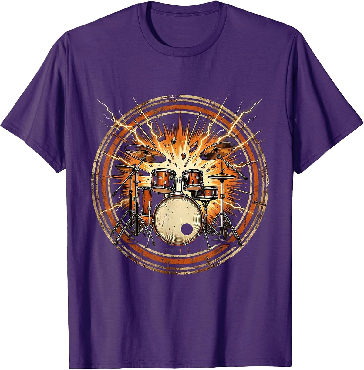 Exploding Drum Kit Lightning Bolt Rock Graphic T-Shirt - Purple