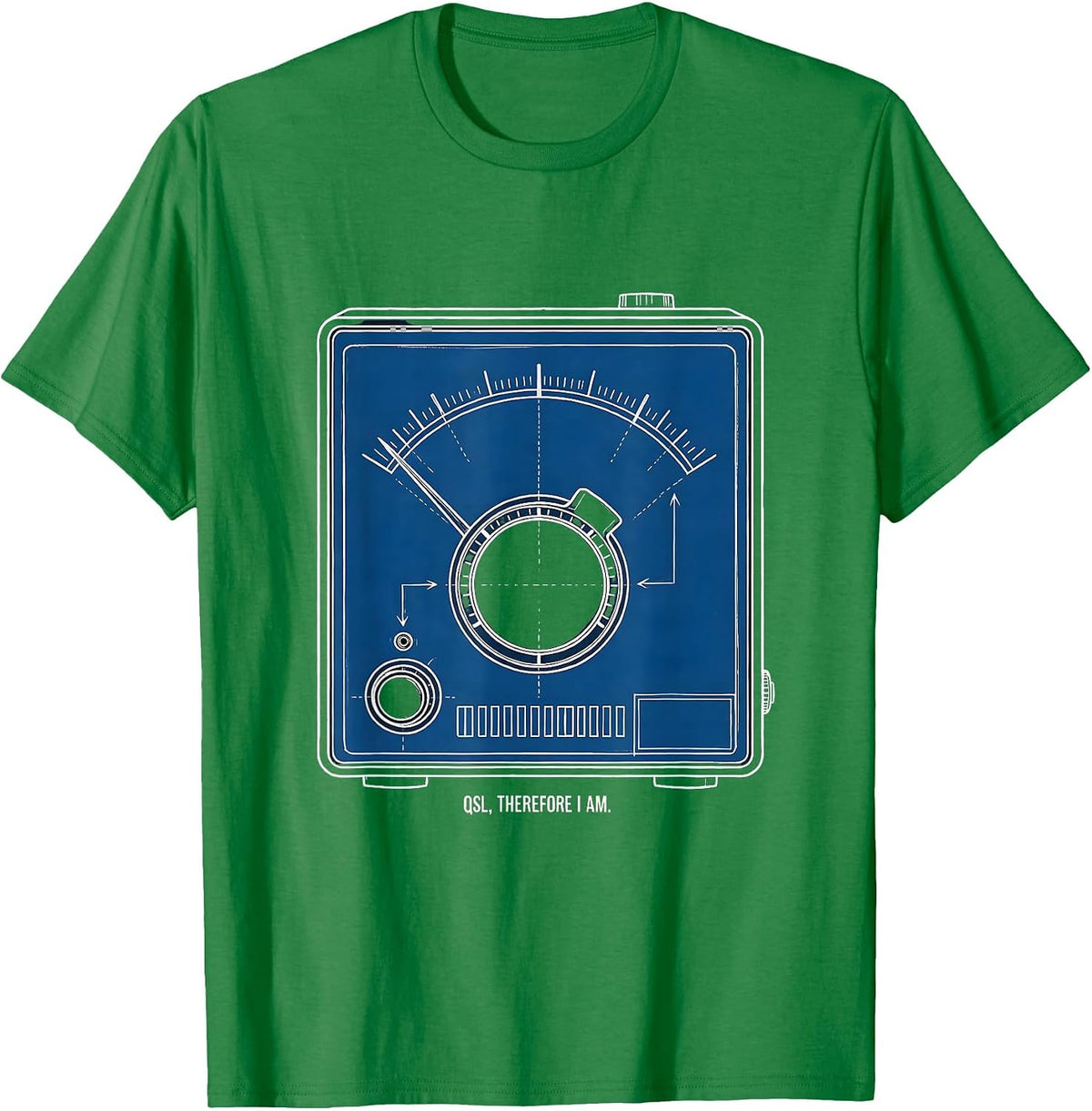 Men's QSL Therefore I Am Technical Blueprint Ham Radio Operator T-Shirt - Kelly Green