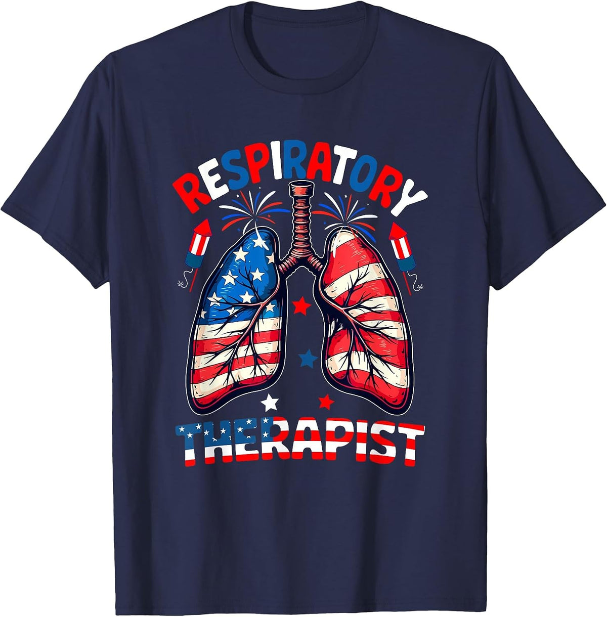 Respiratory Therapist 4th of July US Flag Lungs Funny Job T-Shirt - Navy Blue