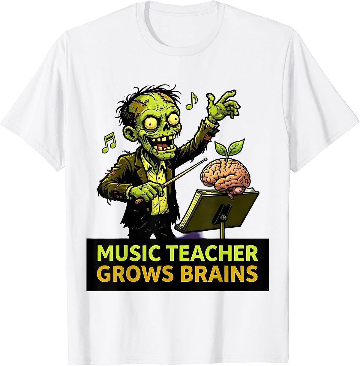 Men's Music Teacher Grows Brains Funny Zombie Teacher Halloween T-Shirt - White