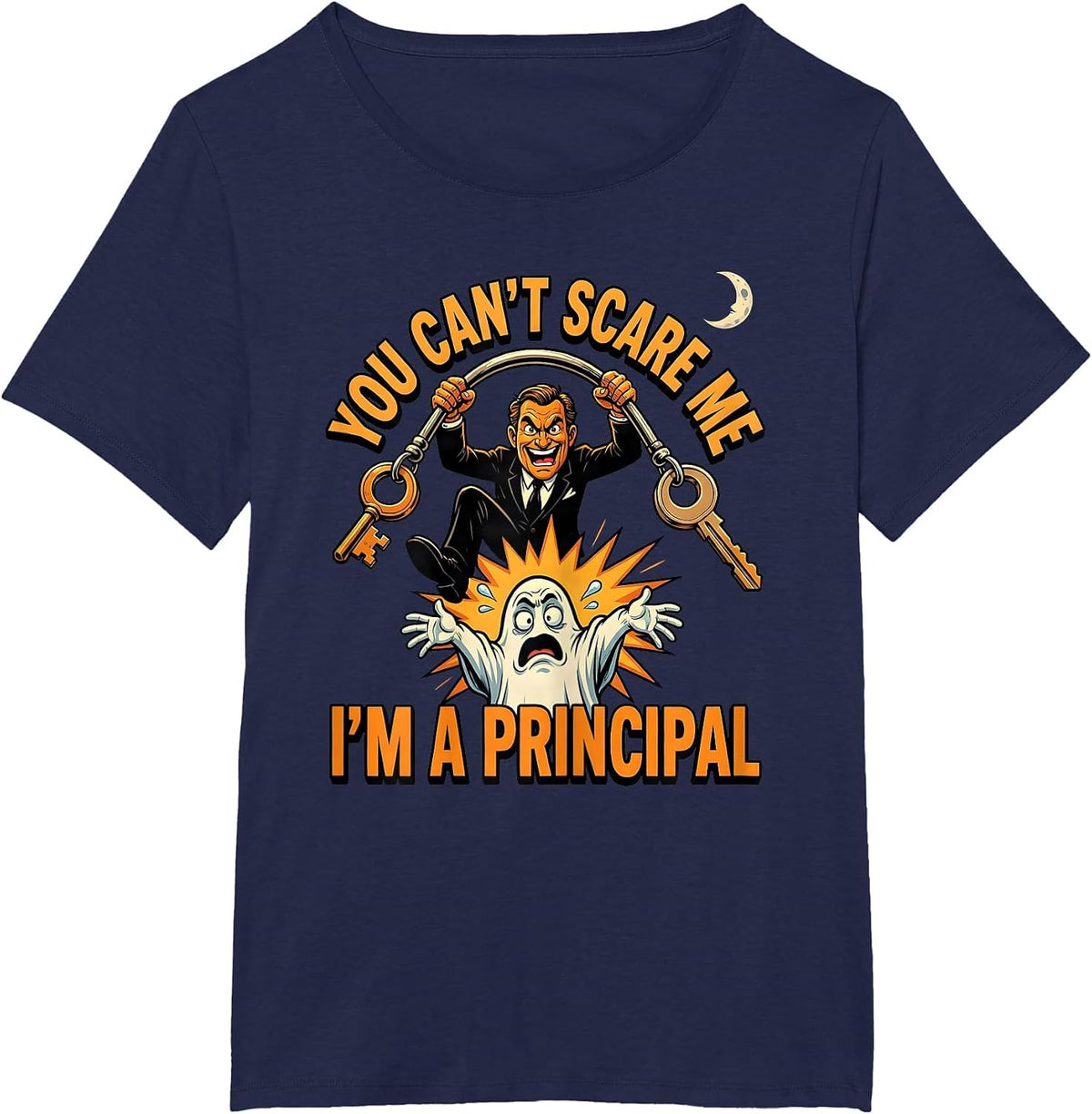 Women's You Can't Scare Me I'm A Principal Funny Halloween Cartoon T-Shirt - Navy Blue