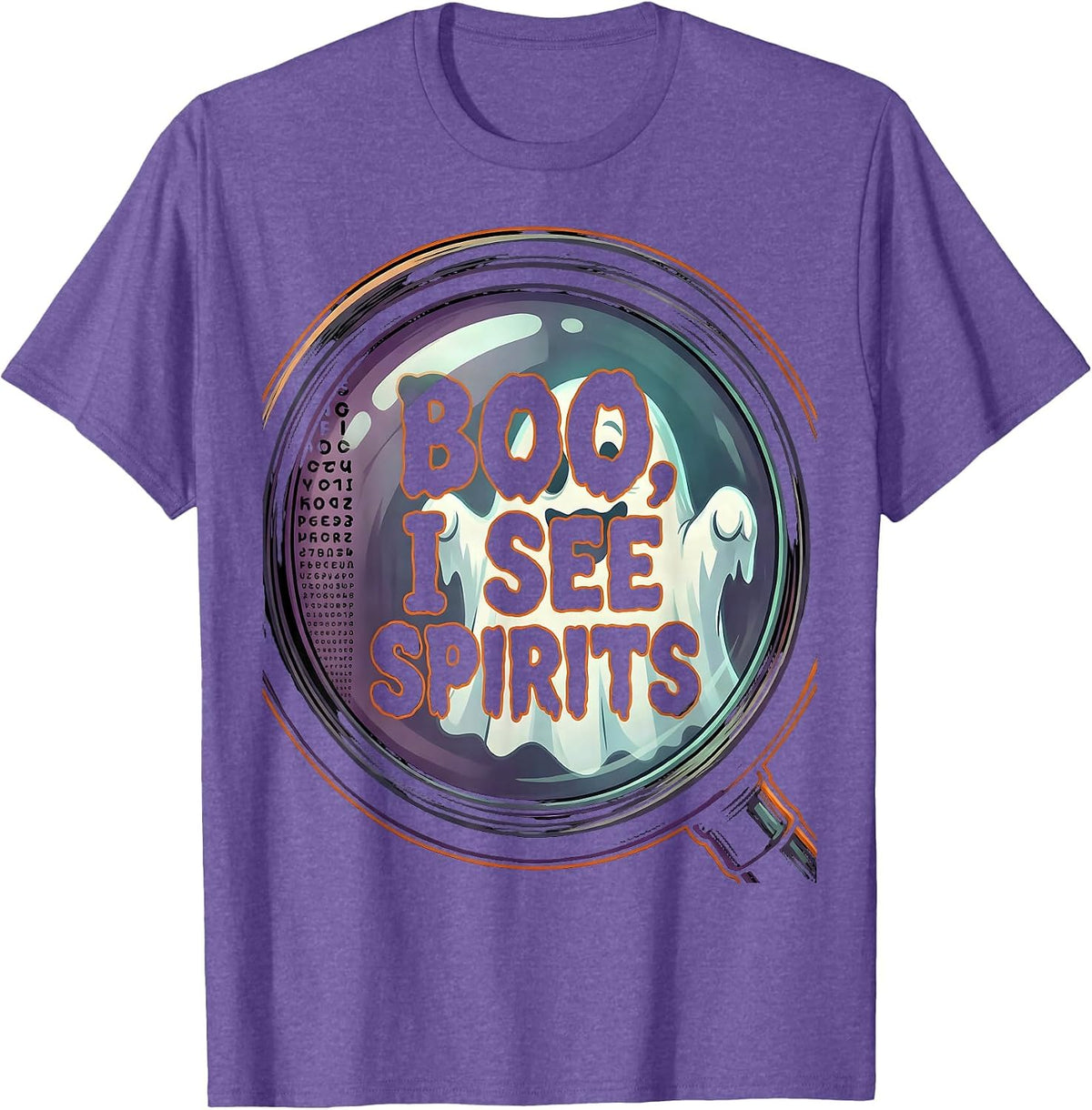 Men's Boo I See Spirits Cartoon Ghost Optometrist Halloween Eye T-Shirt - Purple Heather
