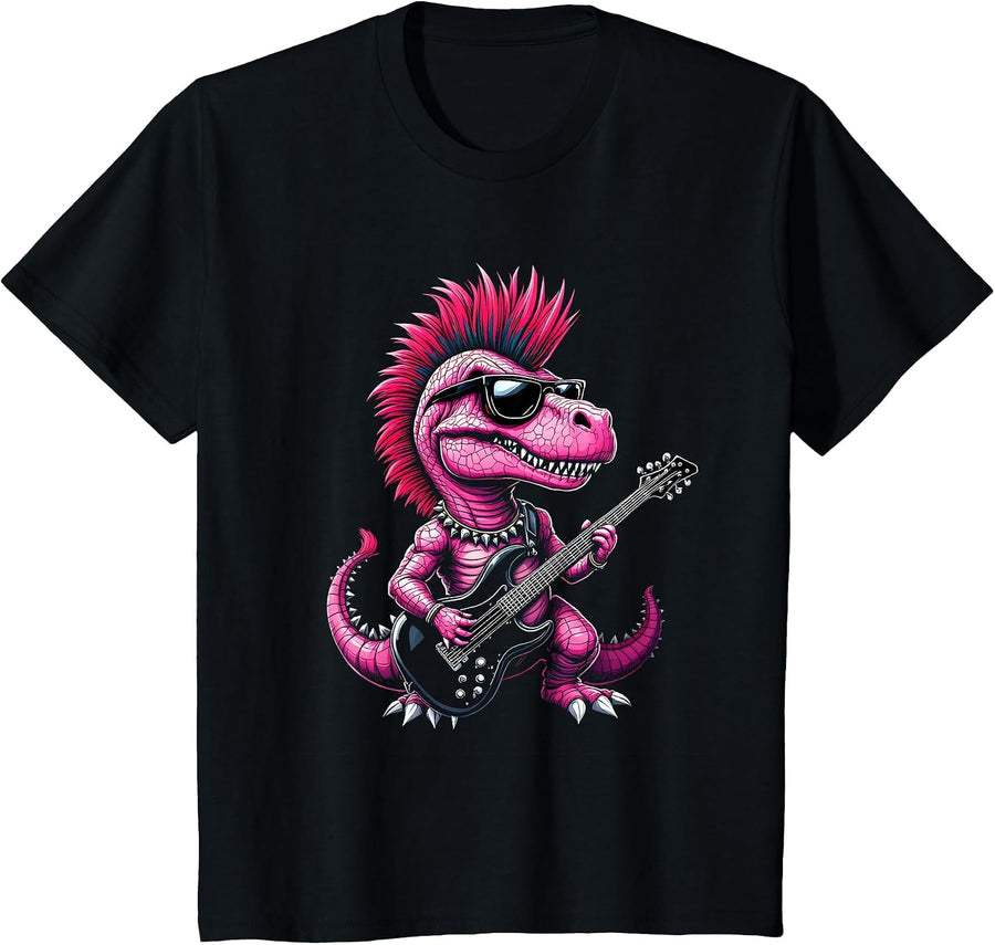 Punk Dinosaur, Rock'n Roll Goth Dino, Guitar Funny Matching T-Shirt - Black