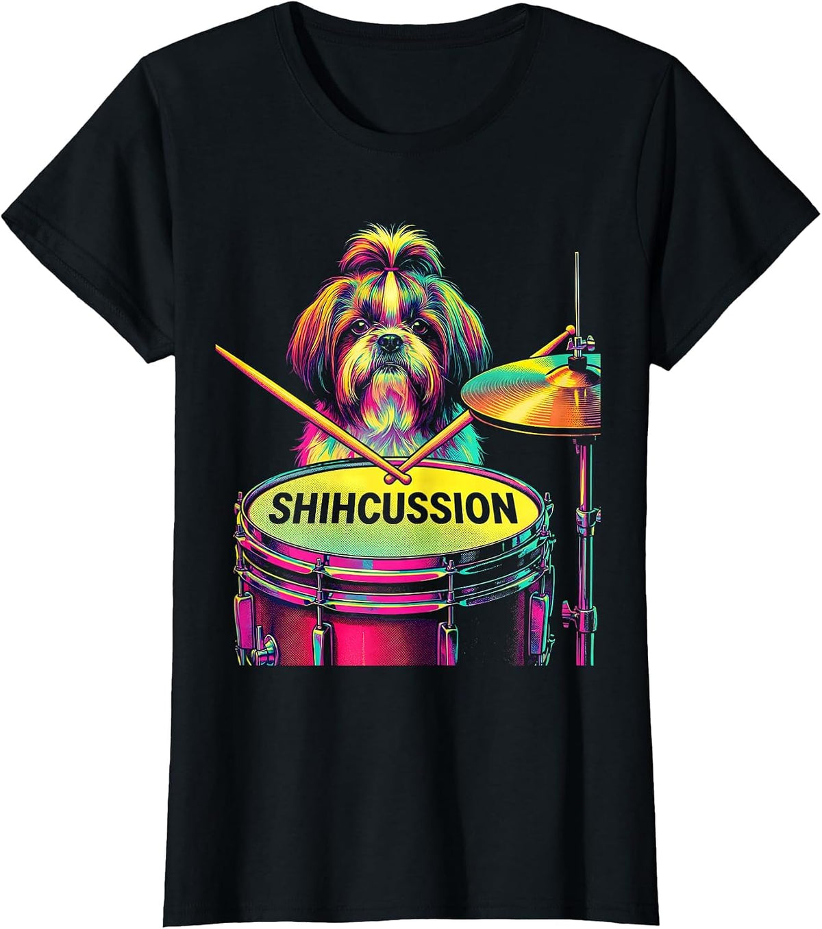 Shihcussion Risograph Funny Shih Tzu Drummer Pet Music Humor T-Shirt - Black