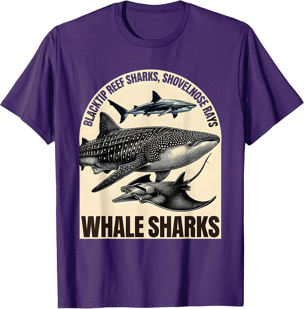 Men's Blacktip Reef Sharks, Shovelnose Rays, Whale Sharks Humor T-Shirt - Purple