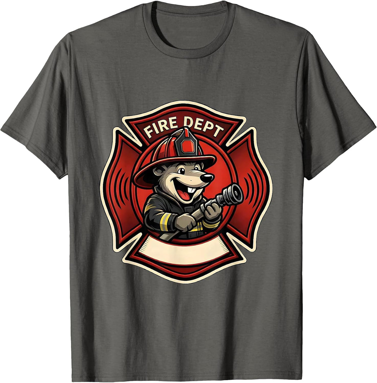 Men's Fire Dept Cheerful Mole Firefighter Mascot Logo Humor T-Shirt - Asphalt Grey