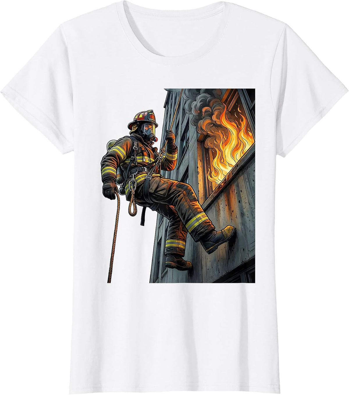 Firefighter Rappelling Down Building Graphic T-Shirt - White