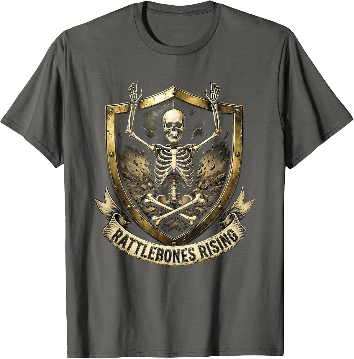 Rattlebones Rising Dark Skeleton Graphic Design T-Shirt - Asphalt Grey