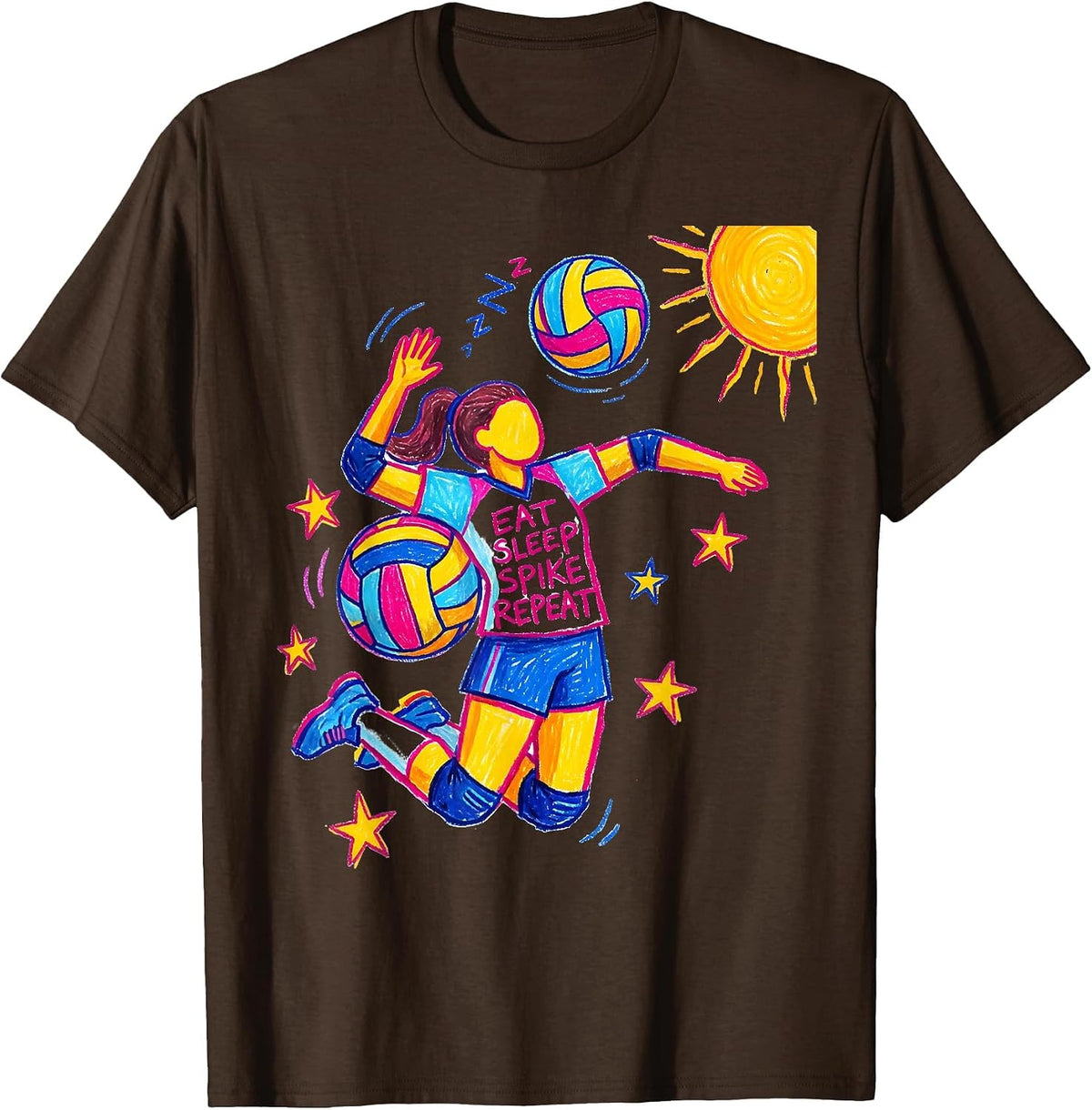 Men's Eat Sleep Spike Repeat Volleyball Design T-Shirt - Brown