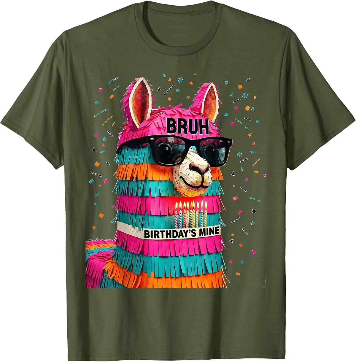 Bruh Birthday's Mine Risograph Llama Pinata Party Humor T-Shirt - Olive Green