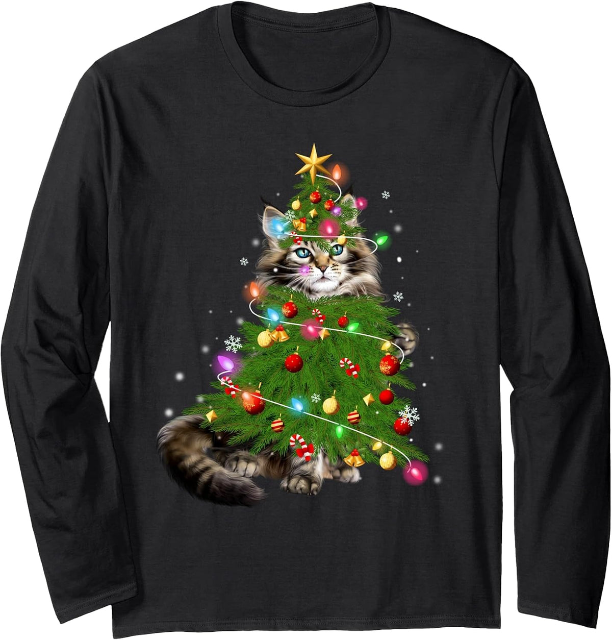 Cat Maine Coon Christmas Tree Holiday Cat Lovers Xmas Gift Long Sleeve T-Shirt - Adult Unisex Black