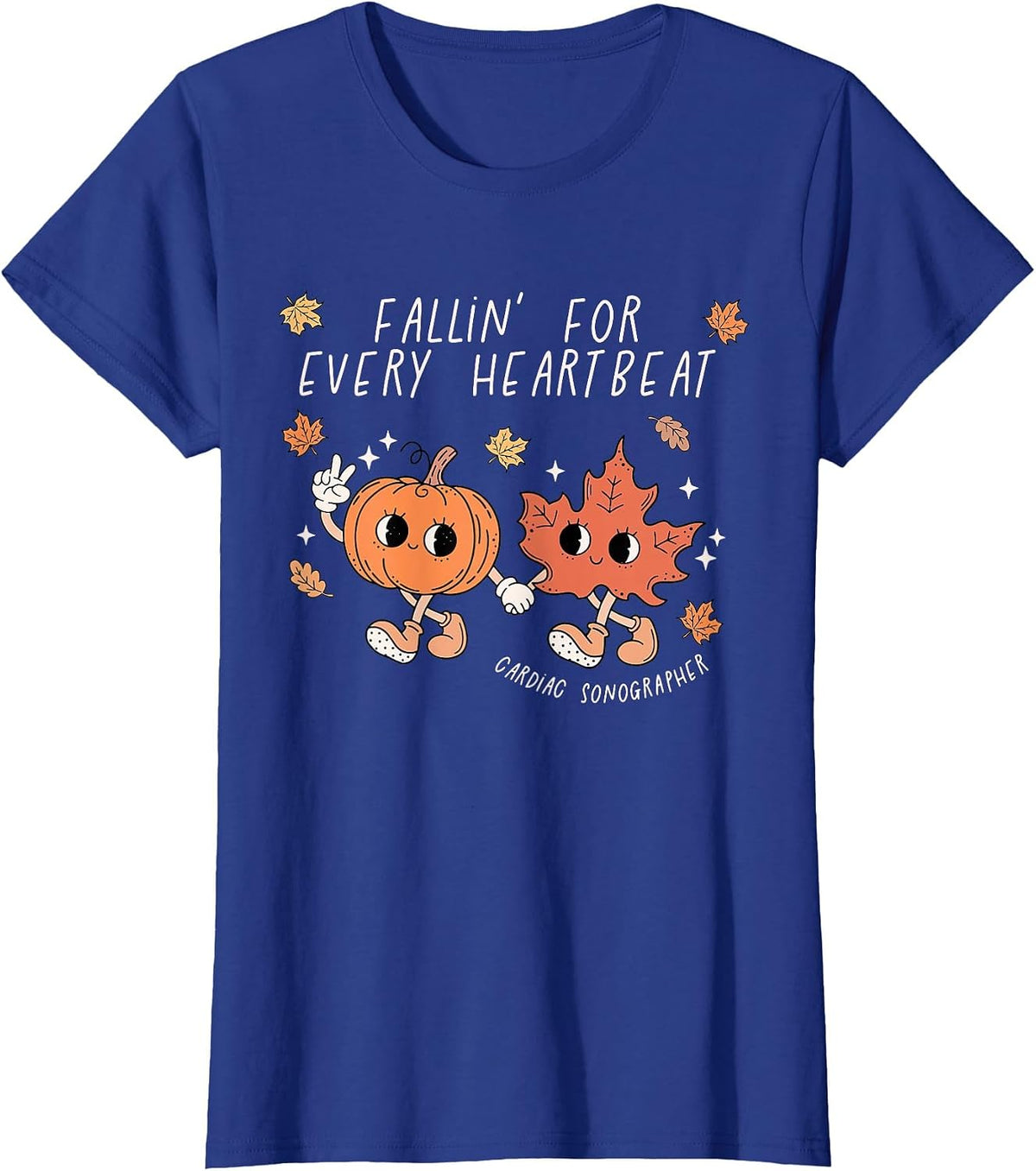 Fallin for Every Heartbeat Fall Cardiac Sonography Thankful T-Shirt - Royal Blue