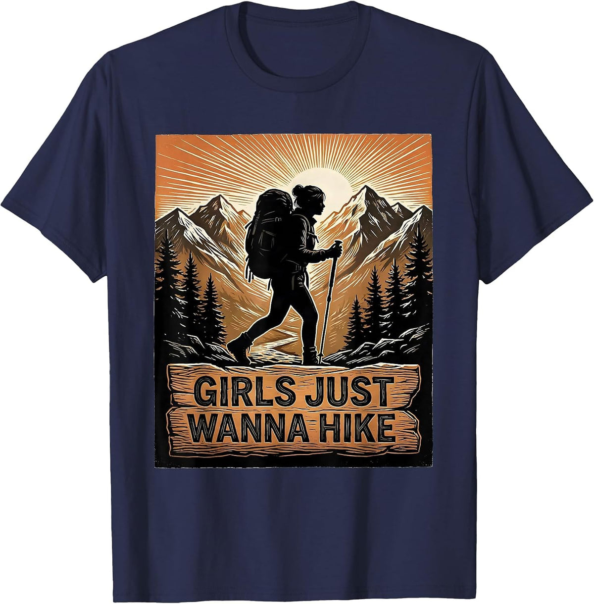 Girls Just Wanna Hike Outdoor Adventure Design T-Shirt - Navy Blue