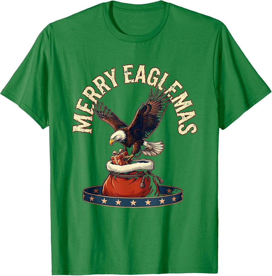 Men's Merry Eaglemas Patriotic Military Christmas Veteran Eagle T-Shirt - Kelly Green