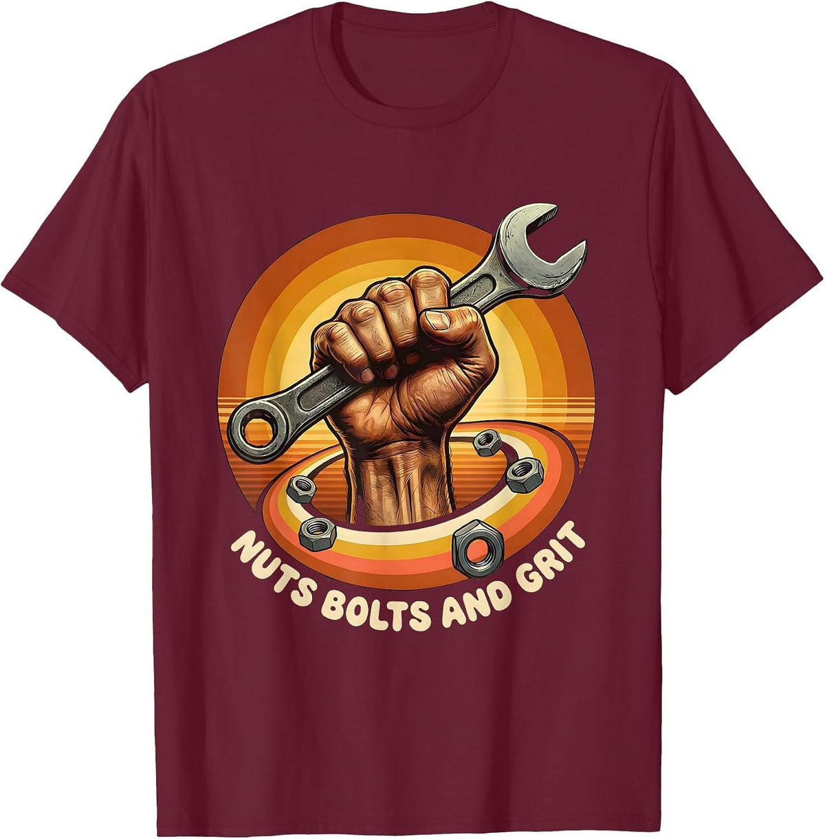Men's Nuts Bolts and Grit Mechanic Design T-Shirt - Burgundy