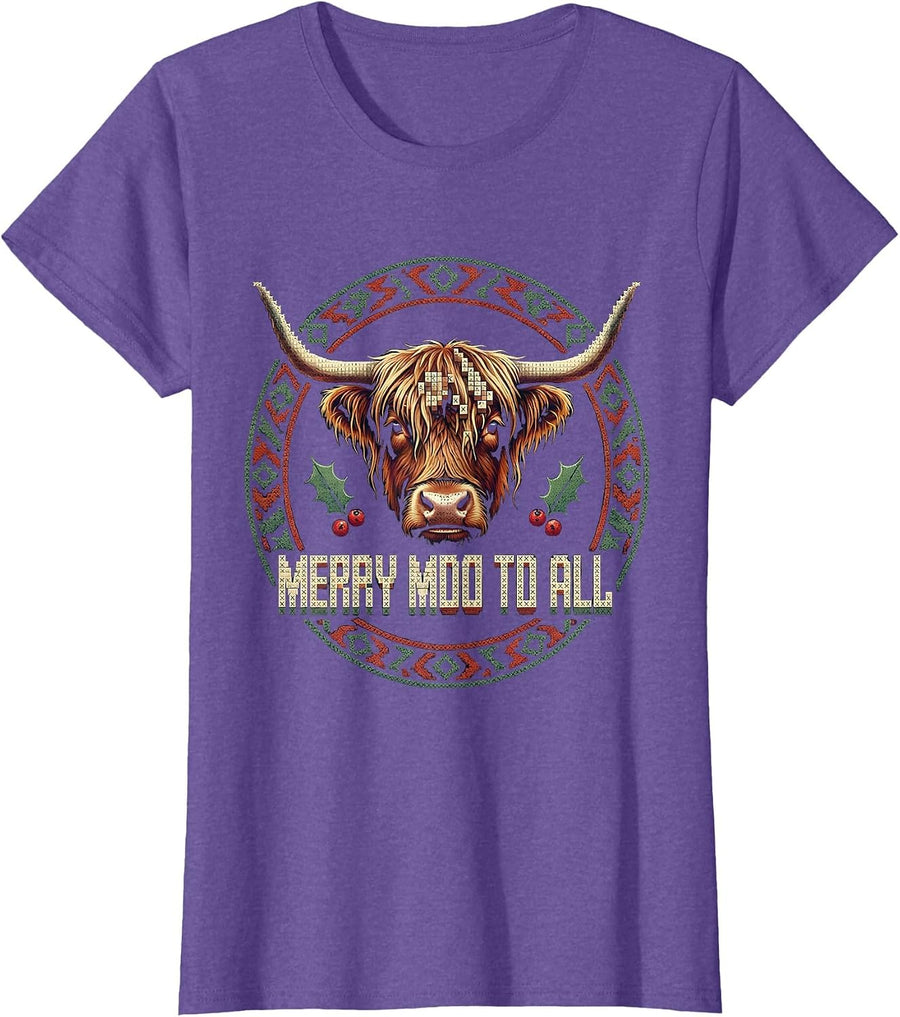 Merry Moo To All Cross Stitch Highland Cow Lover Christmas T-Shirt - Purple Heather