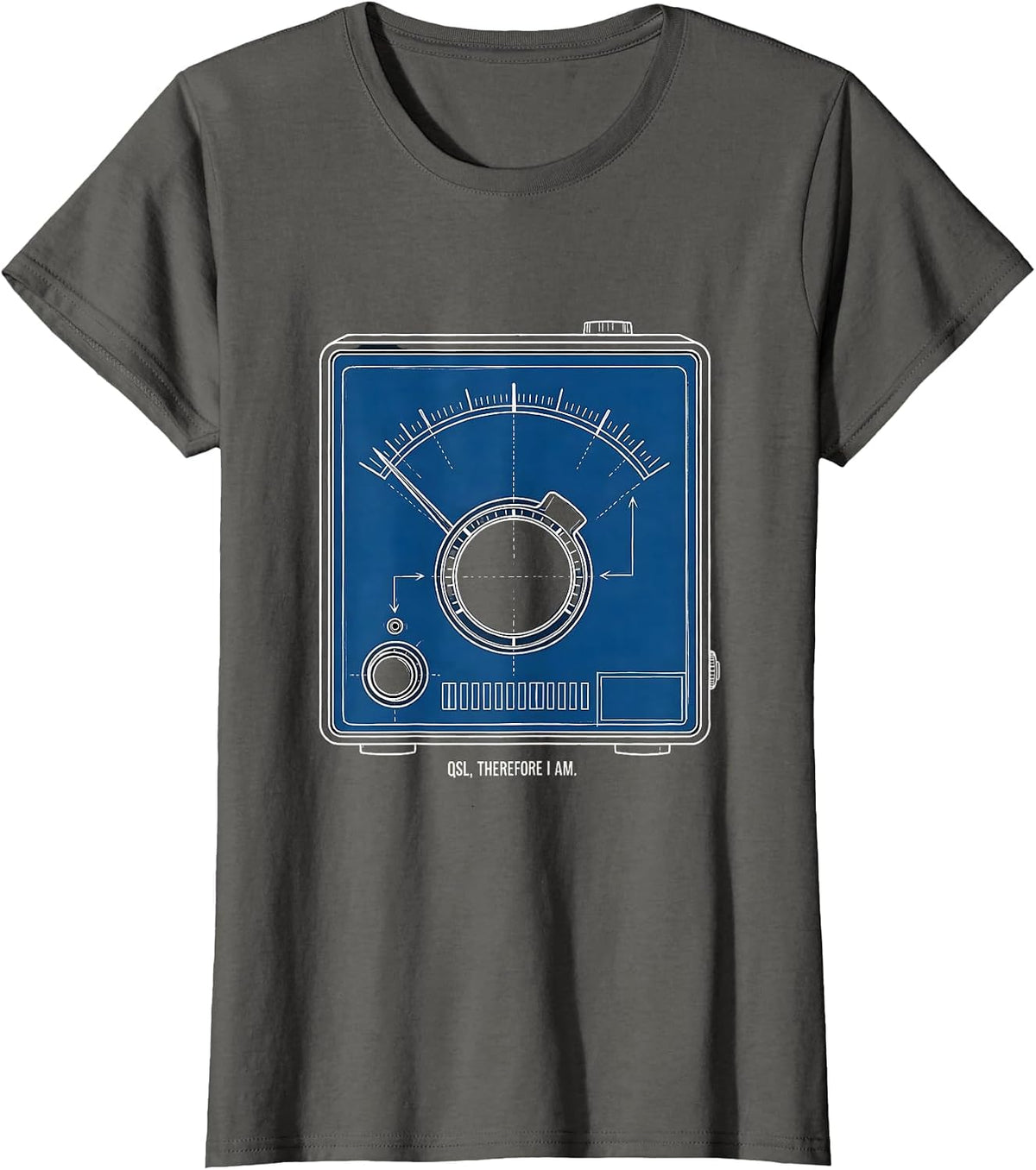 Women's QSL Therefore I Am Technical Blueprint Ham Radio Operator T-Shirt - Asphalt Grey