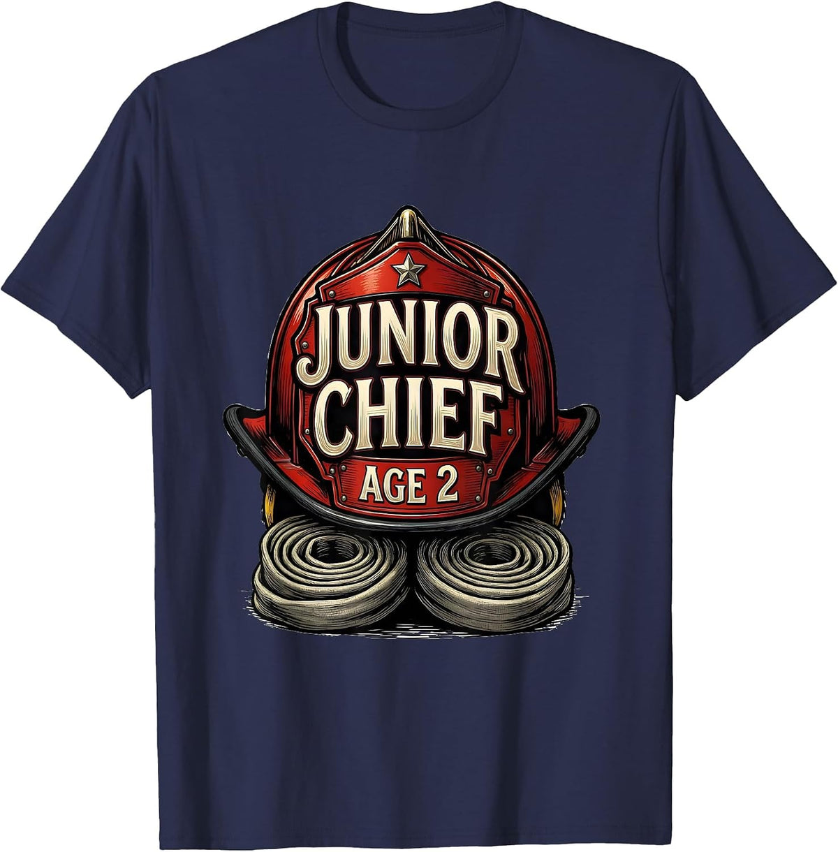 Junior Chief Age 2 Fire Truck Firefighter Birthday Party Boy T-Shirt - Navy Blue