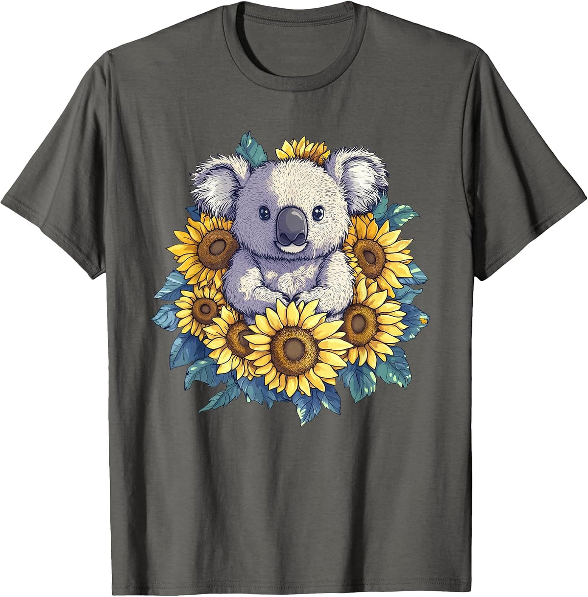 Sunflower Koala Bear Flower Gardening Floral T-Shirt - Asphalt Grey