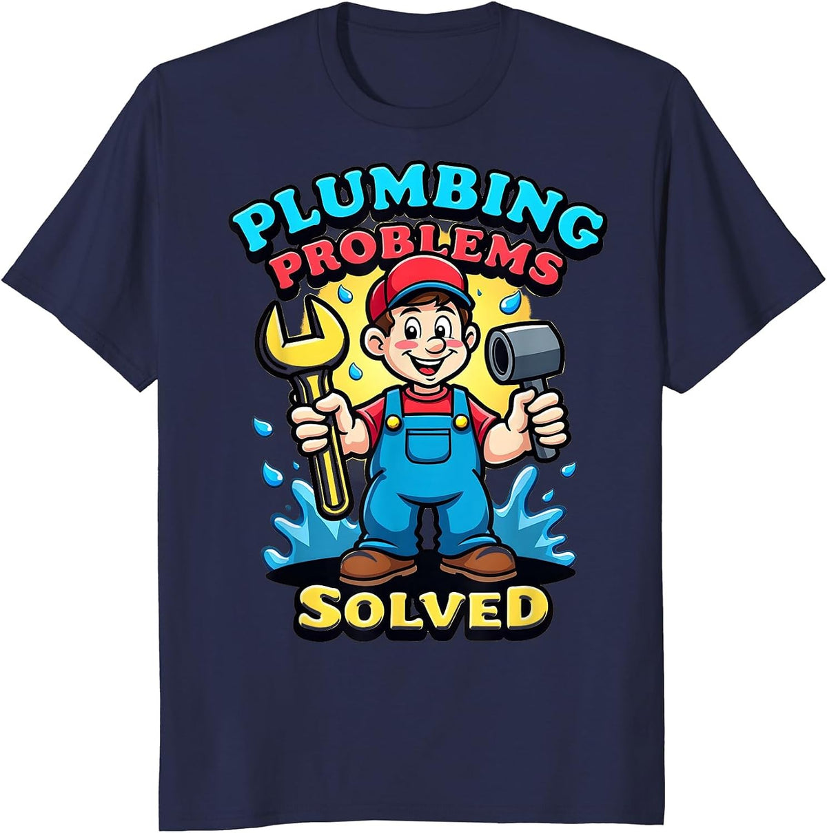 Plumbing Problems Solved Funny Plumber Design T-Shirt - Navy Blue