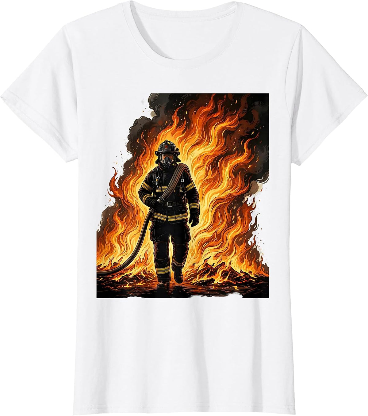 Women's Firefighter Silhouette Through Flames Graphic T-Shirt - White