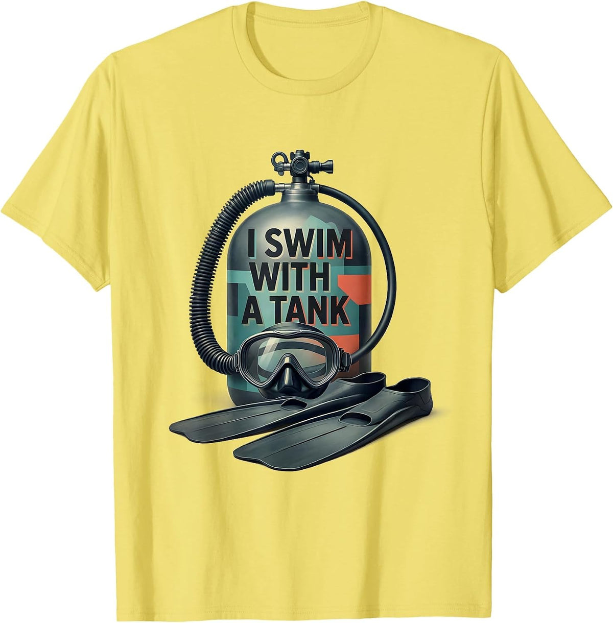 Men's I Swim With A Tank Midcentury Modern Scuba Diver Humor T-Shirt - Lemon Yellow